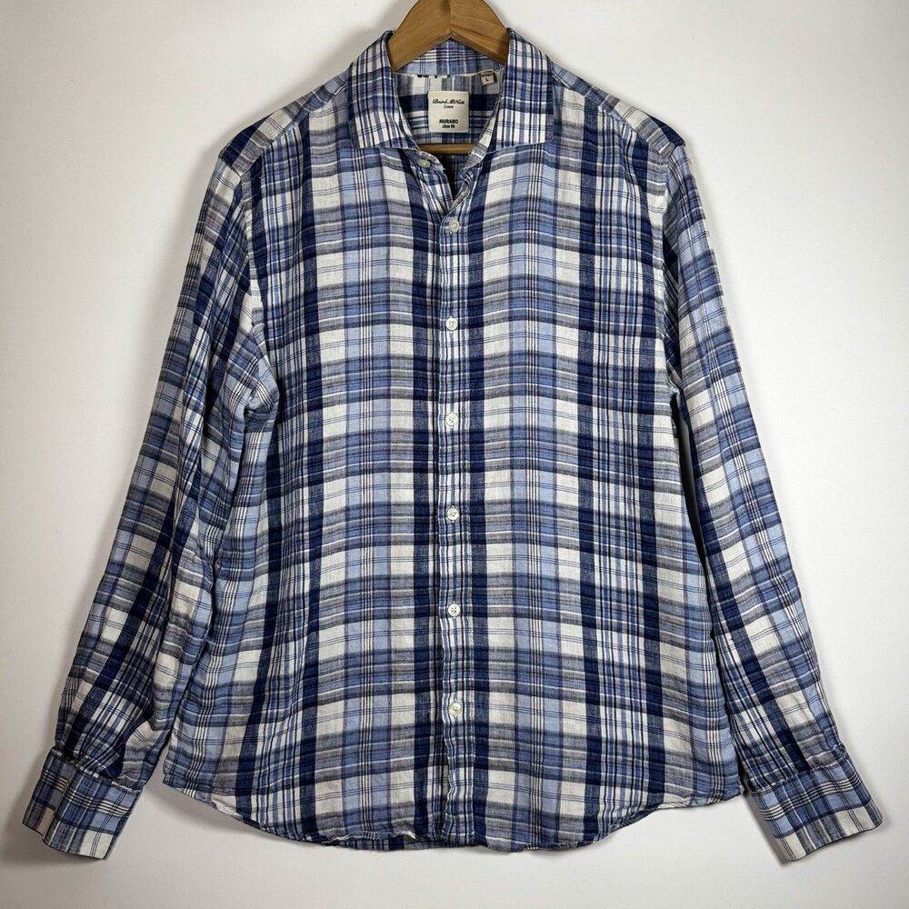Murano Slim Fit Baird McNutt Linen Shirt Mens Large Blue White Plaid Button Up
